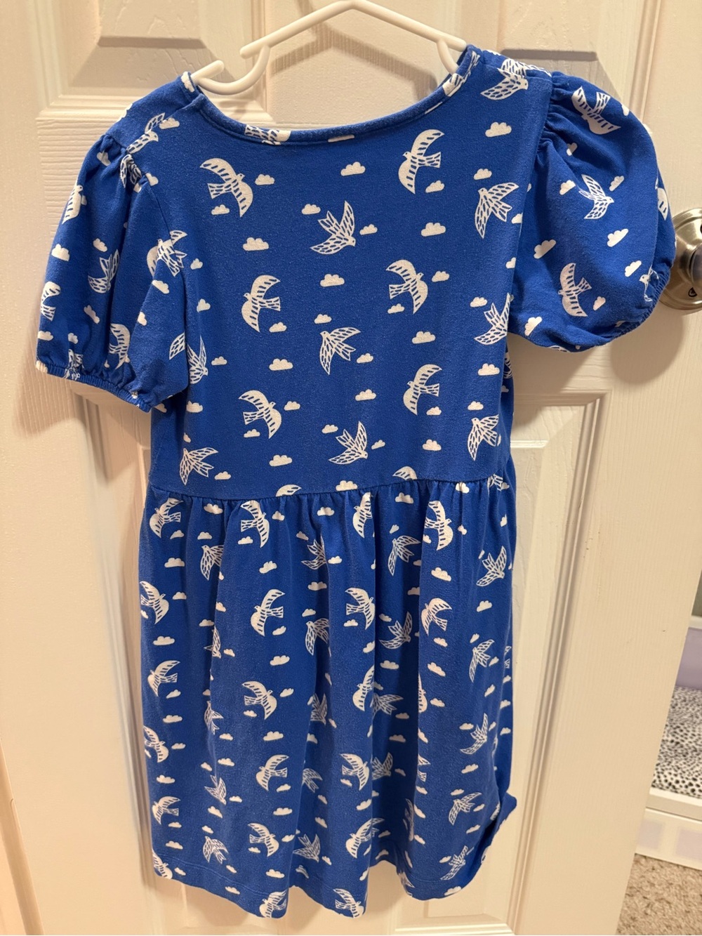 Mini Boden Blue Puff-Sleeve Bird Print Dress